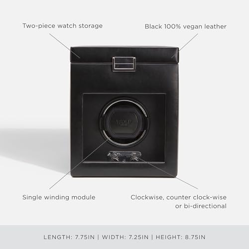 Wolf Designs Wolf Heritage Single Winder with Storage, Black - Secure Fit with Patented Lock-in Dynamic Cuff - for Bigger, Heavier Watches - Vegan Leather & Glass Cover - Includes Universal Adapter - Image 4
