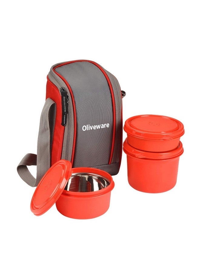 oliveware SOPL Boss Stainless Steel Lunch Box, Microwave Safe & Leak Proof, 3 Ineer Steel Containers with BPA Free Airtight Lids (290 ml, 450 ml, 600 ml), Fabric Bag - Red - Image 1