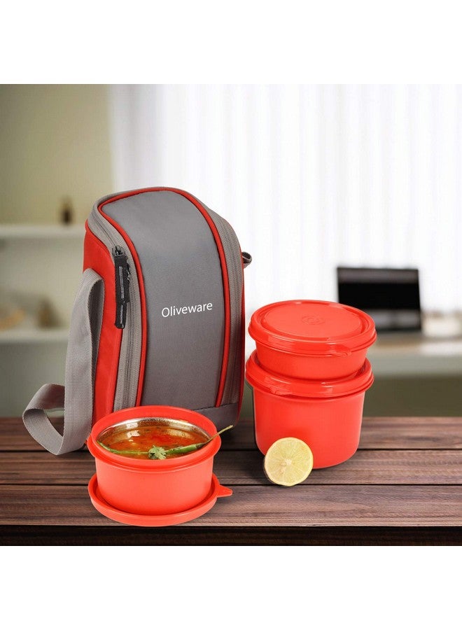 oliveware SOPL Boss Stainless Steel Lunch Box, Microwave Safe & Leak Proof, 3 Ineer Steel Containers with BPA Free Airtight Lids (290 ml, 450 ml, 600 ml), Fabric Bag - Red - Image 3