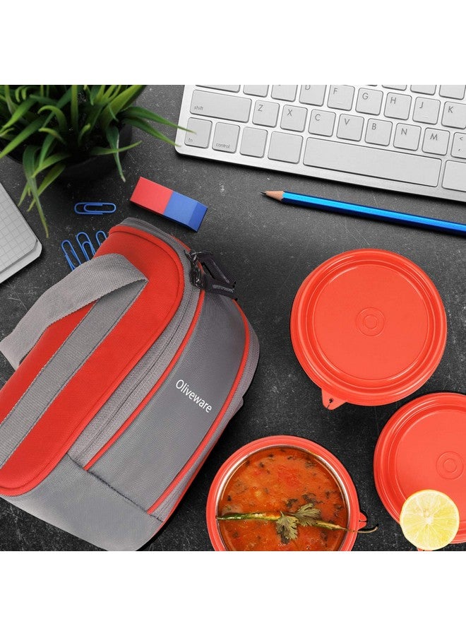 oliveware SOPL Boss Stainless Steel Lunch Box, Microwave Safe & Leak Proof, 3 Ineer Steel Containers with BPA Free Airtight Lids (290 ml, 450 ml, 600 ml), Fabric Bag - Red - Image 4