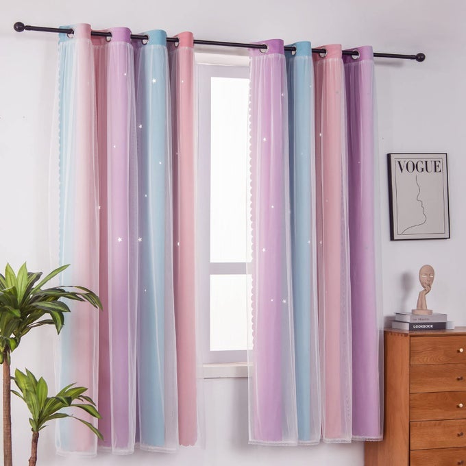 OMBRE RAINBOW BLACKOUT CURTAINS FOR KID GIRLS BEDROOM LIVING ROOM DARKING STRIPE DOUBLE LAYER STAR CUT OUT WALL HOME DECOR GRADIENT GROMMET WINDOW CURTAINS PINK PURPLE 52W X 84L