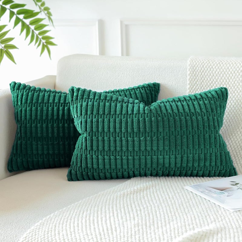 JOTOM Set of 2 Corduroy Soft Cushion Covers, Modern Cushion Covers, Decorative Sofa Cushion, Decorative Cushion Cover for Living Room, Sofa, Bedroom, Dark Green, 30 x 50 cm - Image 3