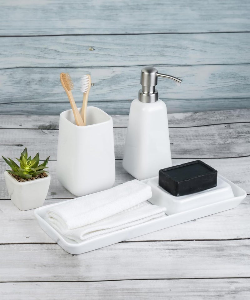 DANKOTUWA, world-class tableware DANKOTUWA worldclass tableware Porcelain Luxury Bathroom Accessories Set Soap Dispenser Tooth Brush Holder Soap Tray Vanity Tray Gift For Home 4 Pieces White  - Image 1