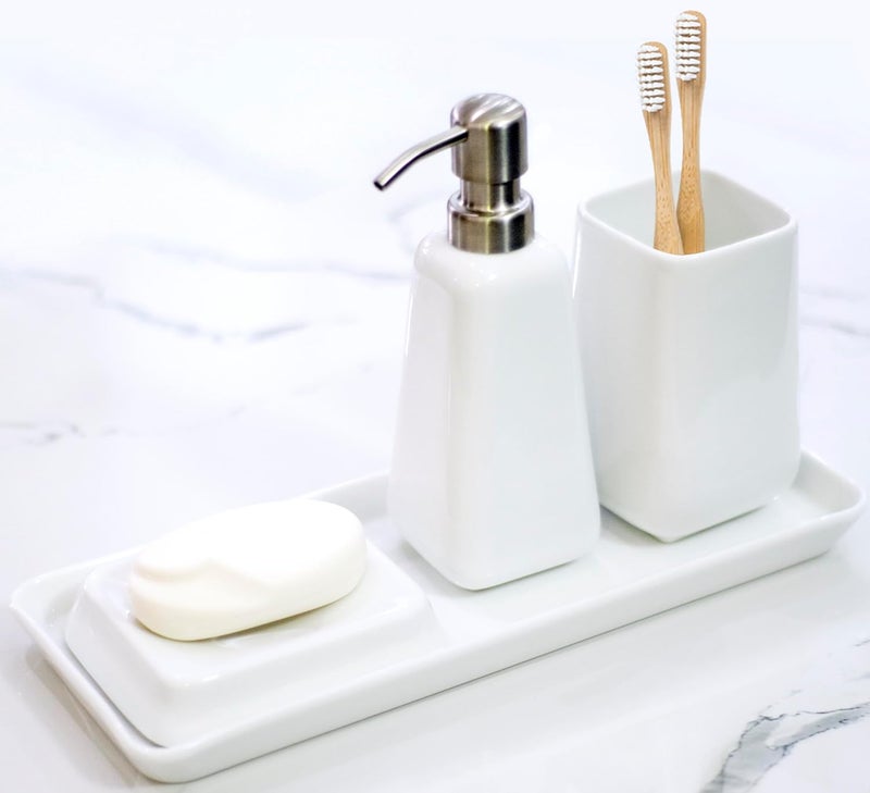 DANKOTUWA, world-class tableware DANKOTUWA worldclass tableware Porcelain Luxury Bathroom Accessories Set Soap Dispenser Tooth Brush Holder Soap Tray Vanity Tray Gift For Home 4 Pieces White  - Image 5