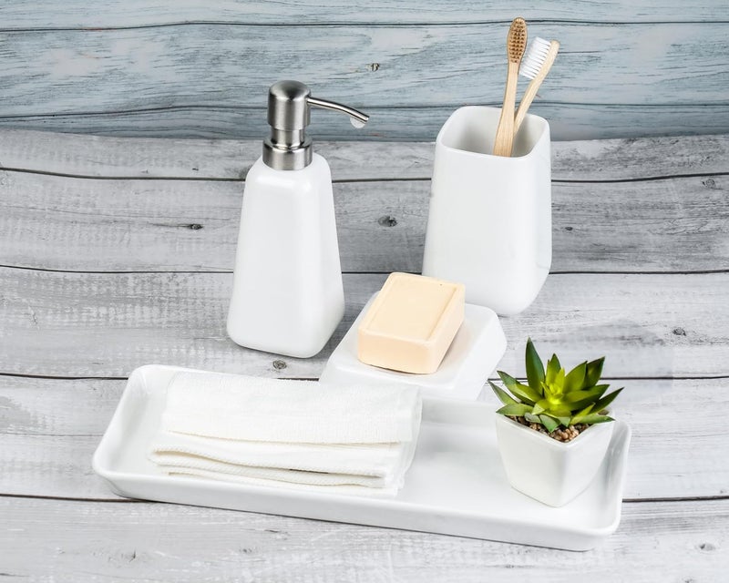 DANKOTUWA, world-class tableware DANKOTUWA worldclass tableware Porcelain Luxury Bathroom Accessories Set Soap Dispenser Tooth Brush Holder Soap Tray Vanity Tray Gift For Home 4 Pieces White  - Image 4
