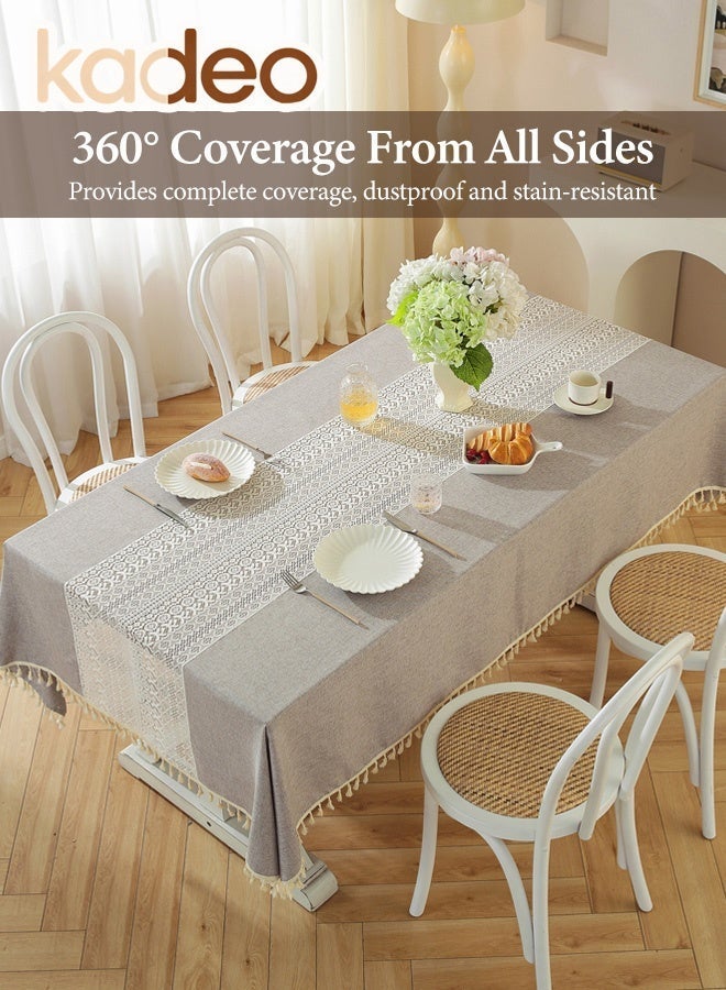 kadeo Rectangular Linen Table Cloth with Tassles,  Middle Lace Splicing Table Cover, Crochet Lace Tablecloth for Kitchen Dining Table Party Home Decor 140x200CM - Image 5