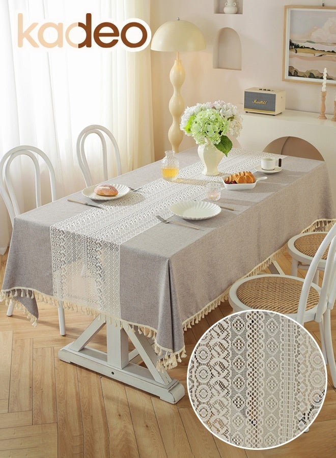 kadeo Rectangular Linen Table Cloth with Tassles,  Middle Lace Splicing Table Cover, Crochet Lace Tablecloth for Kitchen Dining Table Party Home Decor 140x200CM - Image 2