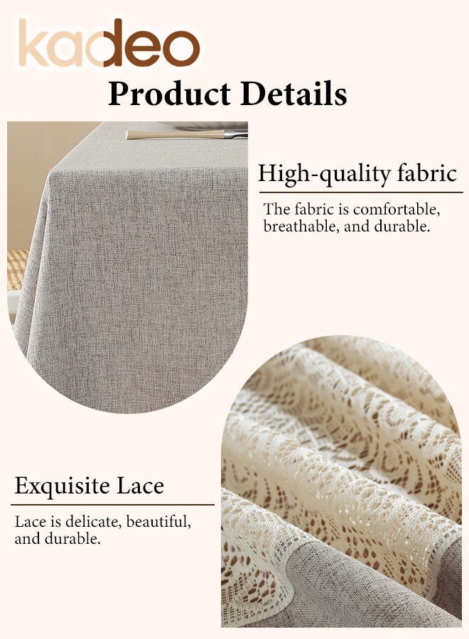 kadeo Rectangular Linen Table Cloth with Tassles,  Middle Lace Splicing Table Cover, Crochet Lace Tablecloth for Kitchen Dining Table Party Home Decor 140x200CM - Image 3