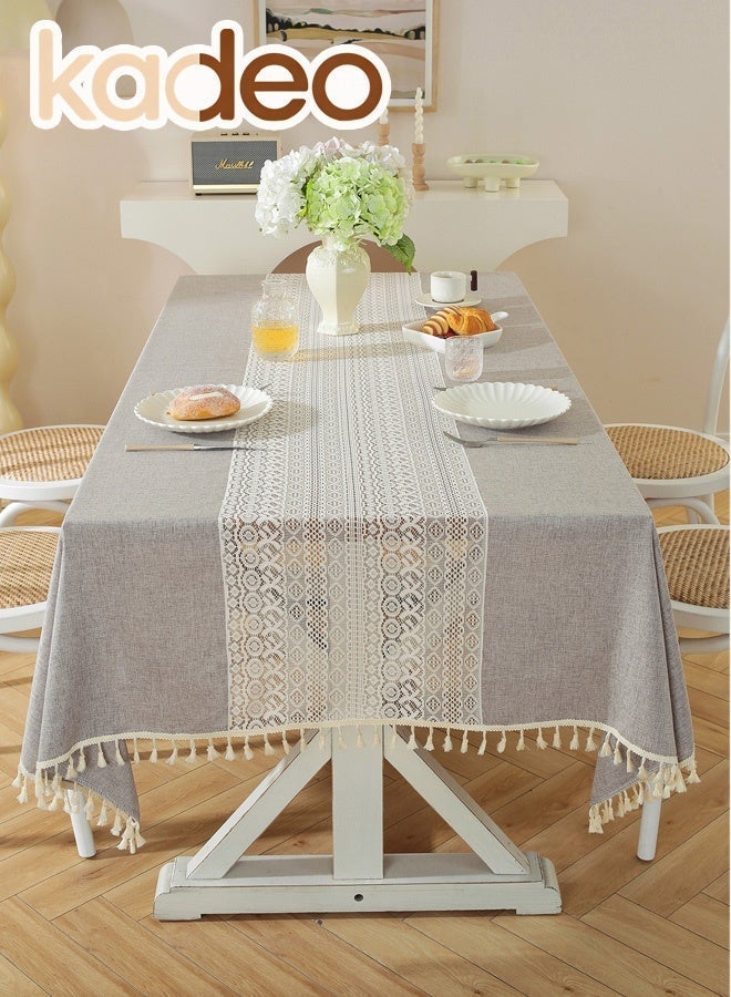 kadeo Rectangular Linen Table Cloth with Tassles,  Middle Lace Splicing Table Cover, Crochet Lace Tablecloth for Kitchen Dining Table Party Home Decor 140x200CM - Image 1