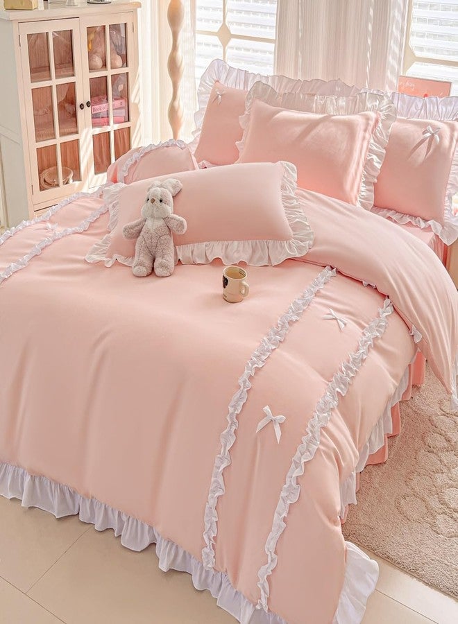 IHOUSTRIY Ruffle Duvet Cover Twin Size, Cute Bedding Set Set with Bow, 2 Pieces White Ruffle Comforter Cover with Zipper and Ties, Princess Girl Bedding - Peach, Twin - Image 1