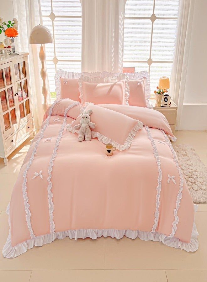 IHOUSTRIY Ruffle Duvet Cover Twin Size, Cute Bedding Set Set with Bow, 2 Pieces White Ruffle Comforter Cover with Zipper and Ties, Princess Girl Bedding - Peach, Twin - Image 2