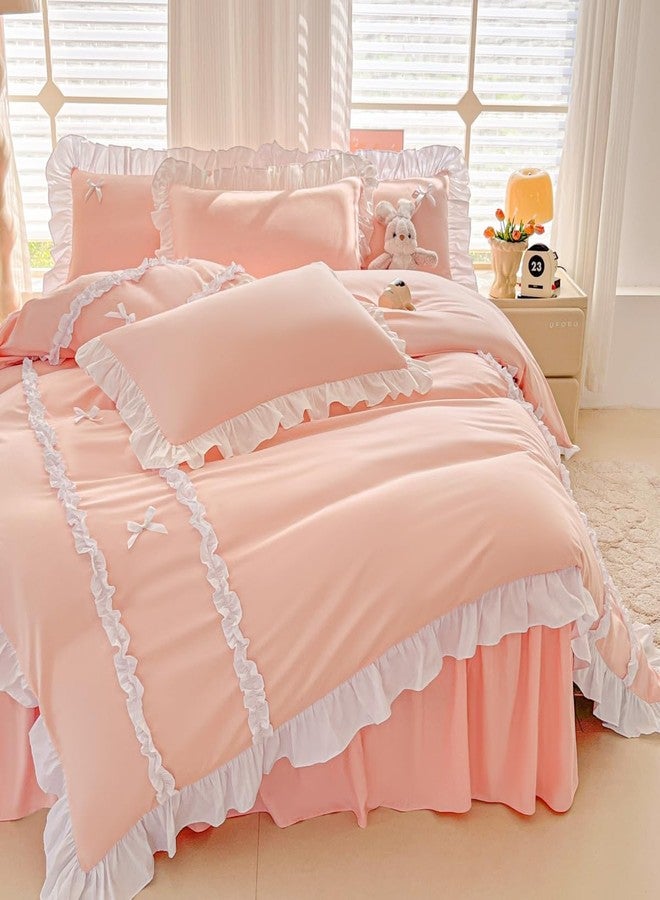 IHOUSTRIY Ruffle Duvet Cover Twin Size, Cute Bedding Set Set with Bow, 2 Pieces White Ruffle Comforter Cover with Zipper and Ties, Princess Girl Bedding - Peach, Twin - Image 3