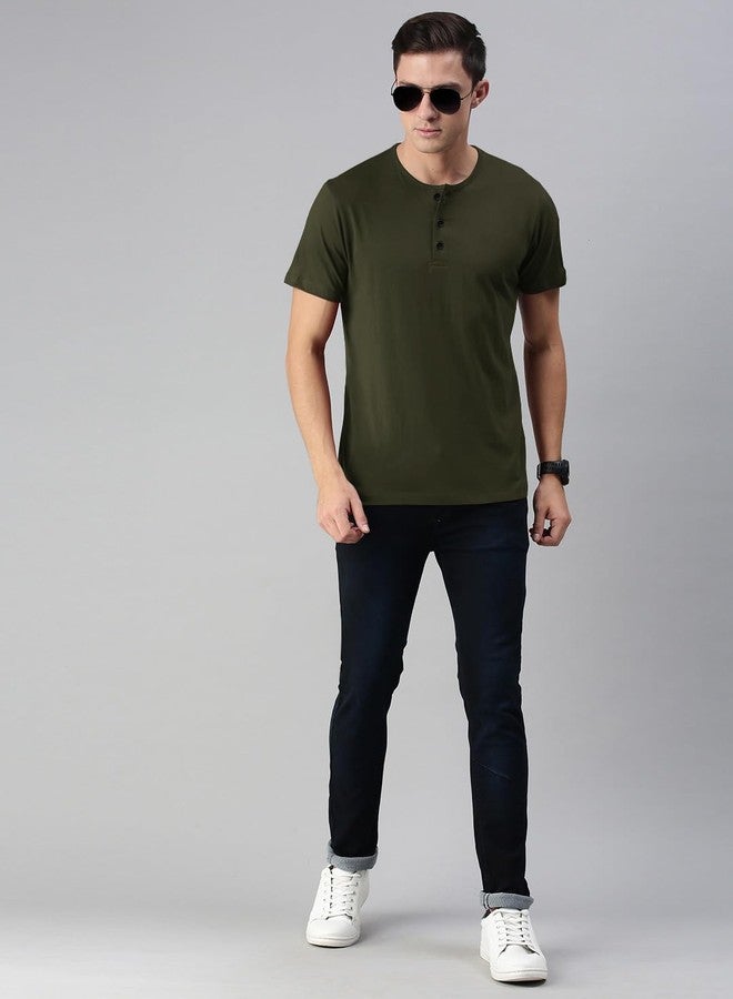 LAZYCHUNKS® Solid Men Cotton Blend Super Combed Henley Neck T-Shirt Half Sleeve | Regular Fit Cotton Blend Tshirt for Men | Half Sleeves | Plain - Regular Fit (Available in Combo Packs) Olive Green - Image 5
