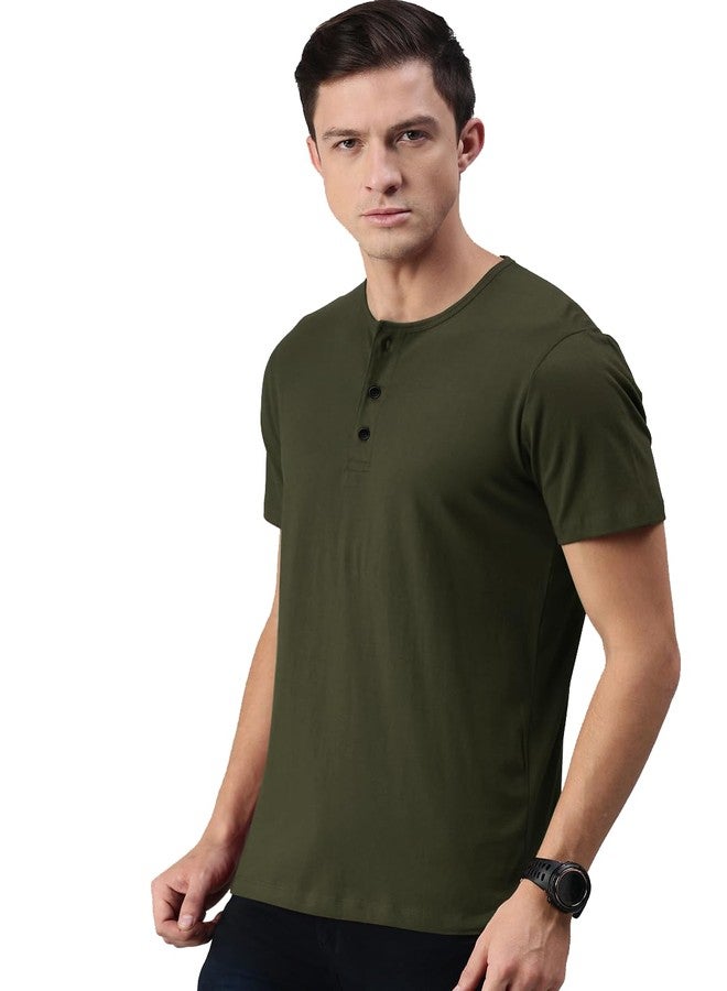 LAZYCHUNKS® Solid Men Cotton Blend Super Combed Henley Neck T-Shirt Half Sleeve | Regular Fit Cotton Blend Tshirt for Men | Half Sleeves | Plain - Regular Fit (Available in Combo Packs) Olive Green - Image 2