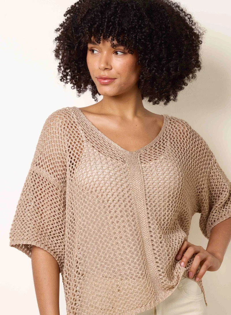 Blue Vanilla Mesh Knitted Top With Short Sleeves