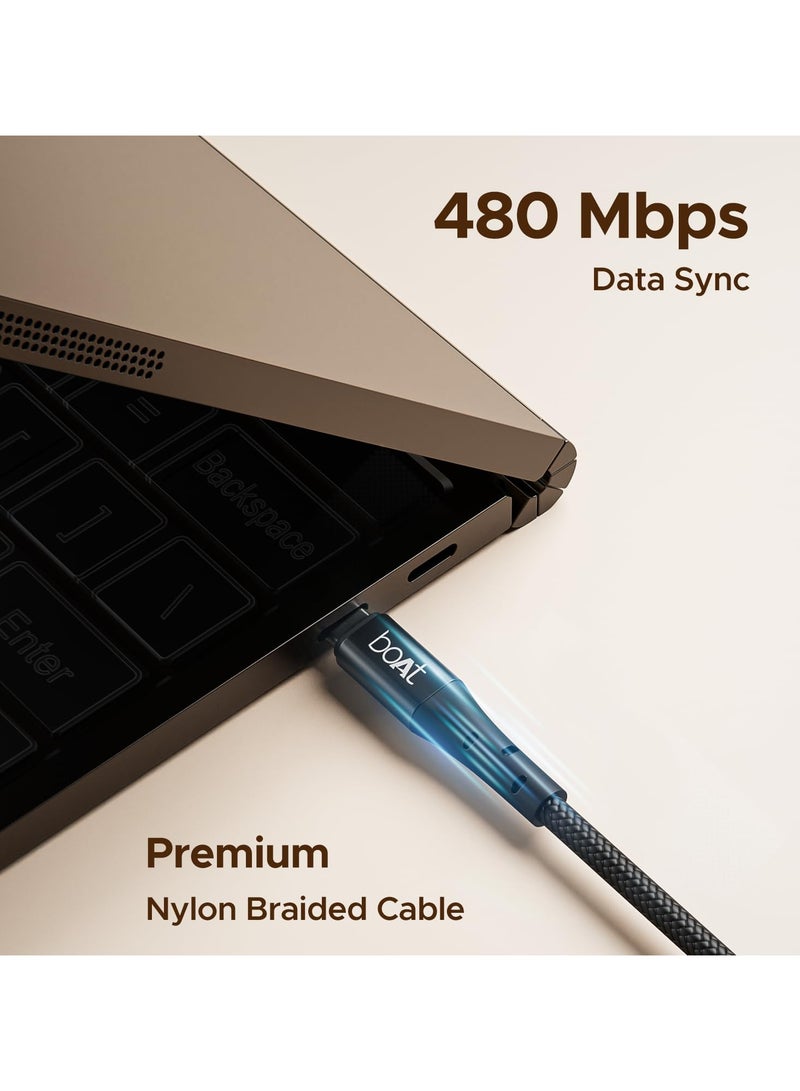 boAt Type-C C300 Tangle-Free, Sturdy w/60W/3A PD Fast Charging Cable, Compatible w/Xiaomi, Oneplus, Samsung, Vivo & Oppo, 480 Mbps Data Transmission Speed, Nylon Braided Skin & 1.5m Length black - Image 3