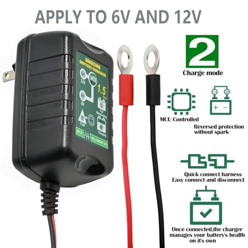 Unocho شاحن بطارية 6V 12V 1.5A شاحن بطارية تلقائي للحفاظ على البطارية شاحن بطارية ذكي للحفاظ على الشحن للسيارات والدراجات النارية وماكينات جز العشب والقوارب والدراجات الثلجية - Image 3