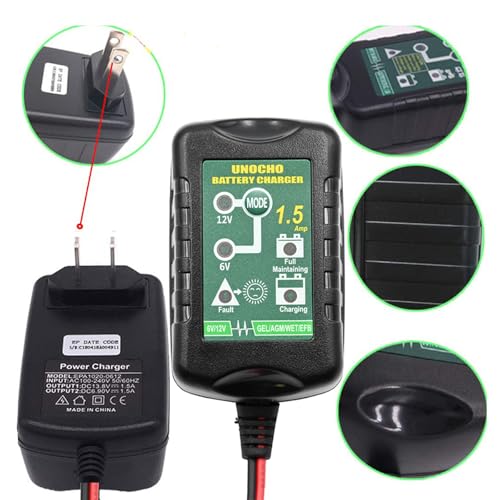 Unocho شاحن بطارية 6V 12V 1.5A شاحن بطارية تلقائي للحفاظ على البطارية شاحن بطارية ذكي للحفاظ على الشحن للسيارات والدراجات النارية وماكينات جز العشب والقوارب والدراجات الثلجية - Image 5