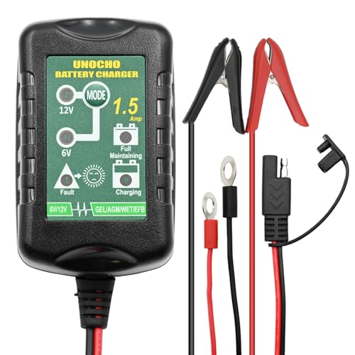 Unocho شاحن بطارية 6V 12V 1.5A شاحن بطارية تلقائي للحفاظ على البطارية شاحن بطارية ذكي للحفاظ على الشحن للسيارات والدراجات النارية وماكينات جز العشب والقوارب والدراجات الثلجية - Image 1