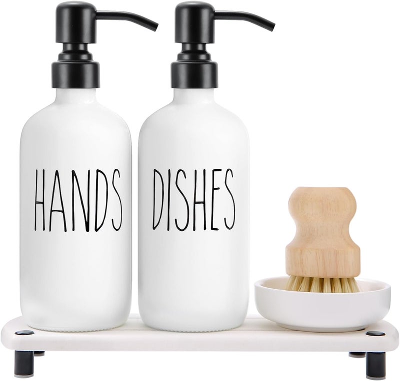 MOMEEMO White Soap Dispenser Set Comes with Stainless Steel Pumps, Instant Dry Tray, and Dish Scrub Brush, Suitable for Kitchen Accessories and Farmhouse Decor. (White) - Image 1