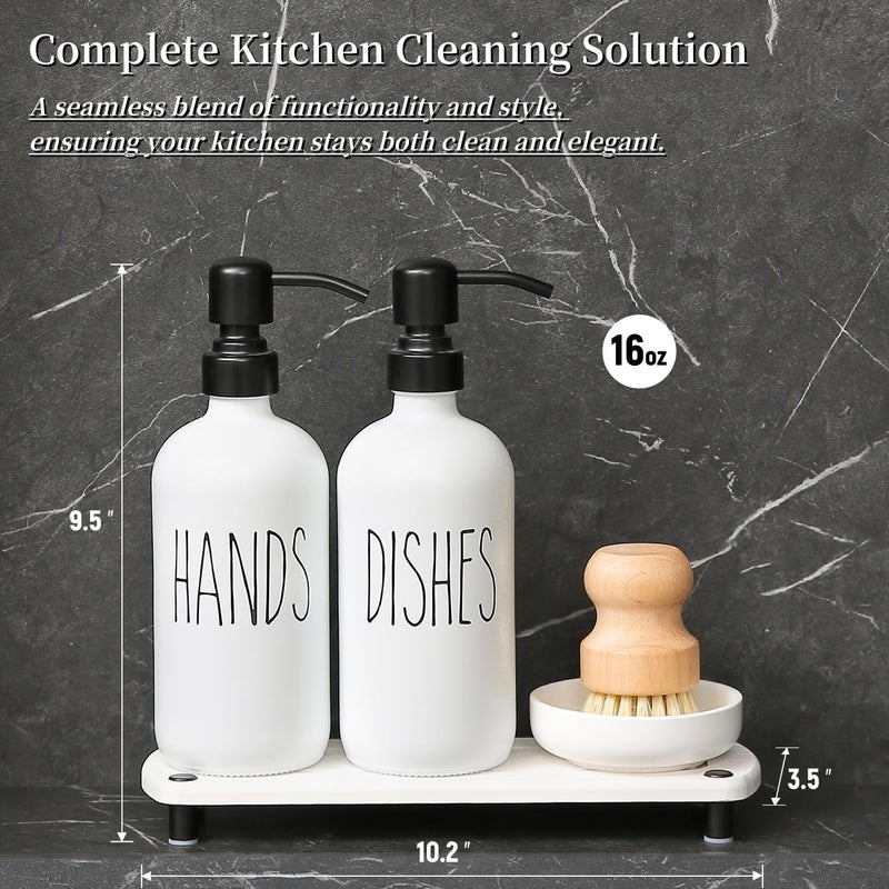 MOMEEMO White Soap Dispenser Set Comes with Stainless Steel Pumps, Instant Dry Tray, and Dish Scrub Brush, Suitable for Kitchen Accessories and Farmhouse Decor. (White) - Image 2