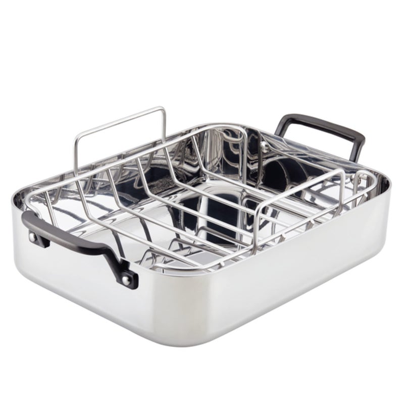 KitchenAid 5-Ply Clad Stainless Steel Roasting Pan/Roaster with Removable Rack, 15 Inch x 11.5 Inch - Polished Stainless Steel - Image 1