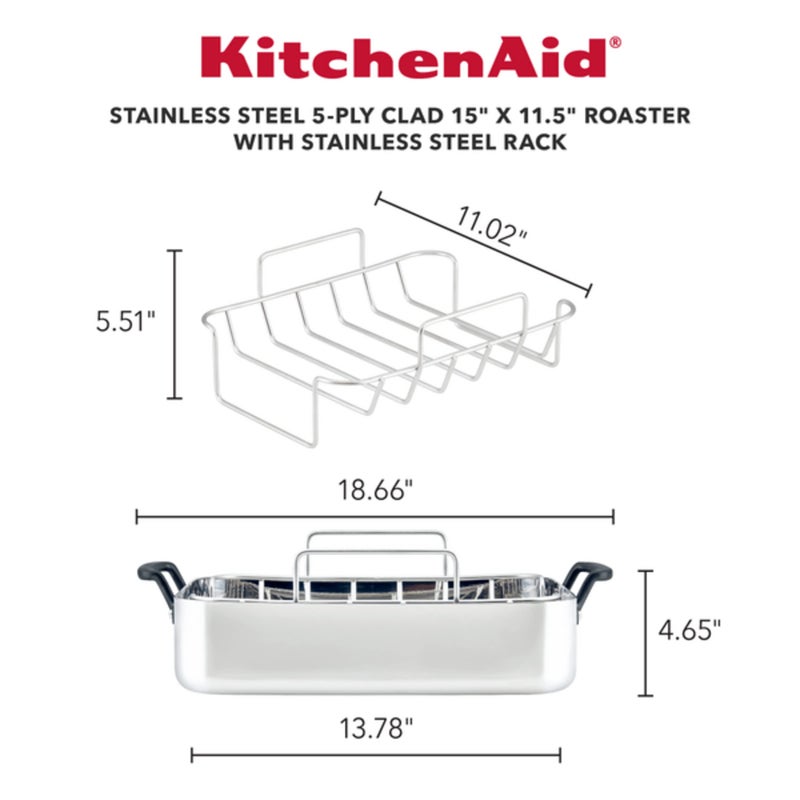 KitchenAid 5-Ply Clad Stainless Steel Roasting Pan/Roaster with Removable Rack, 15 Inch x 11.5 Inch - Polished Stainless Steel - Image 2