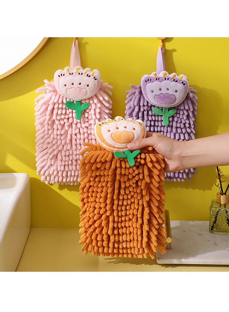 SYOSI Plush Chenille Hanging Hand Towels, Soft Absorbent Microfiber Hand Towels Quick-Drying  Cartoon Flowers Hand Towel with Hanging Loops for Bathroom Kitchen, Purple+Orange+Pink - Image 2