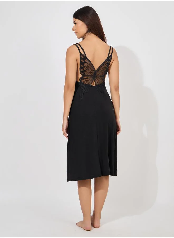 Styli Styli Lace Butterfly Back Detail Ribbed Slip Dress