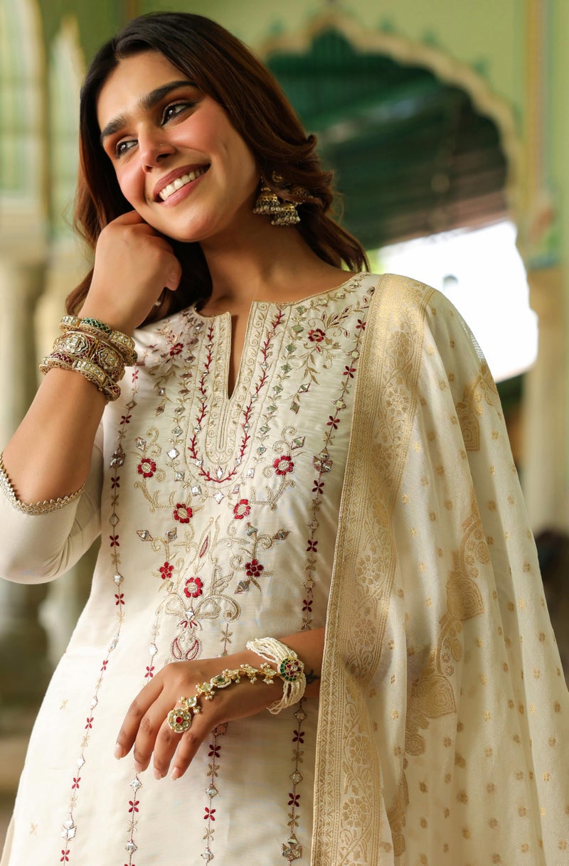 Janasya Women's Off White Chanderi Silk Embroidered Mirror Work Kurta With Sharara & Dupatta Set(JAB25SS02821-XL) - Image 2
