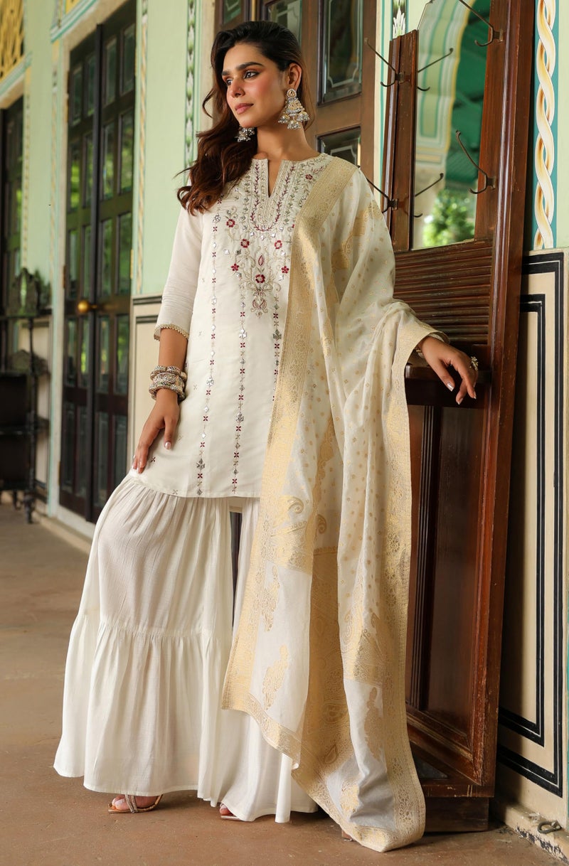 Janasya Women's Off White Chanderi Silk Embroidered Mirror Work Kurta With Sharara & Dupatta Set(JAB25SS02821-XL) - Image 5