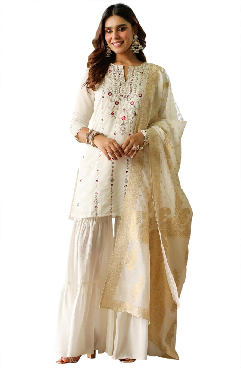 Janasya Women's Off White Chanderi Silk Embroidered Mirror Work Kurta With Sharara & Dupatta Set(JAB25SS02821-XL) - Image 1