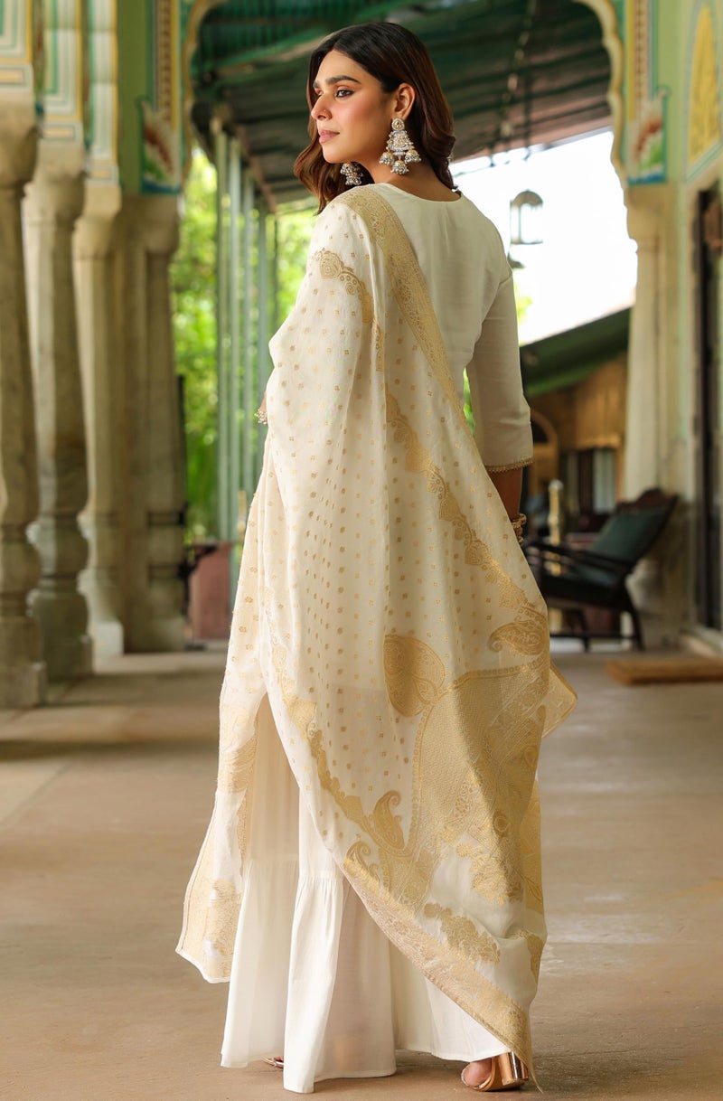 Janasya Women's Off White Chanderi Silk Embroidered Mirror Work Kurta With Sharara & Dupatta Set(JAB25SS02821-XL) - Image 4
