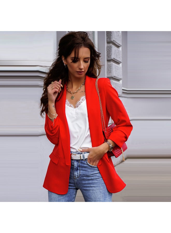 Women's Autumn And Winter New Long Sleeve Lapel Solid Color Casual Top Small Suit Jacket Women's Fashion