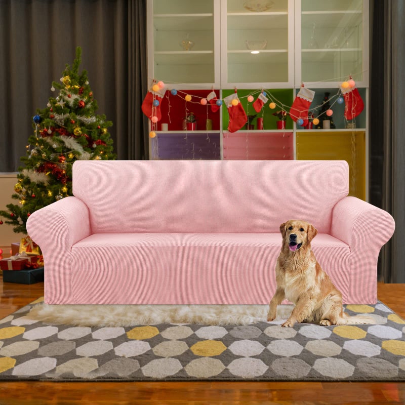 KEKUOU Stretch Sofa Cover Slipcover ï¼ŒCouch Covers for 3 Cushion Couch Sofa pet Friendly (78"-94") Furniture Protector Sofa with Elastic Bottom for Kids,Dog, Jacquard Small Checked(Large,Dusty Pink) - Image 2