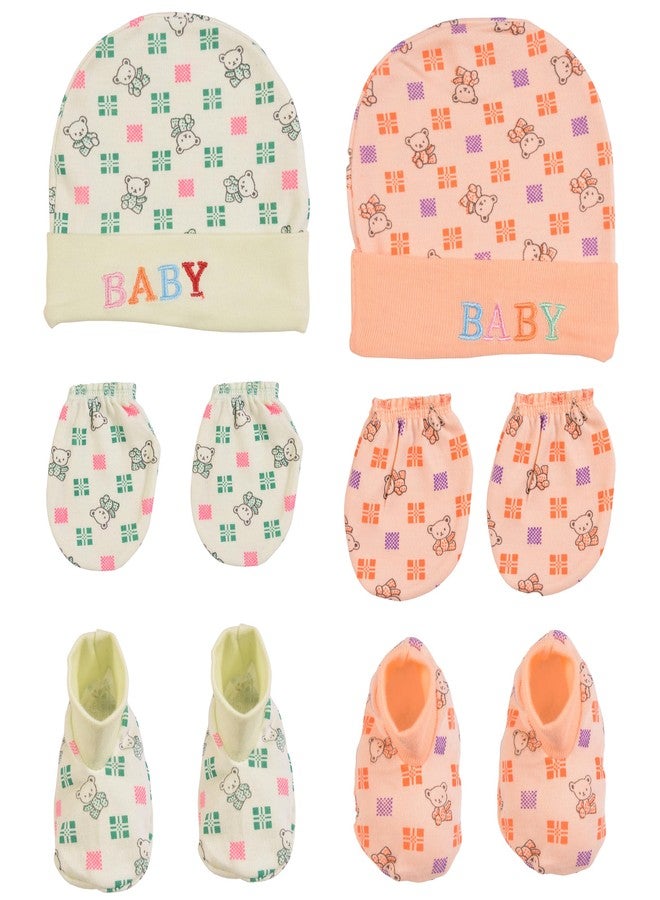 Toddylon New Born Baby Cotton Mitten Sets with Cap and Booties | Mitten Set | Booties Set | Cap Set | Baby Boys & Girls Socks, Gloves & Caps Infant Accessories Combo Set (Assorted) (Yellow&Orange) - Image 1