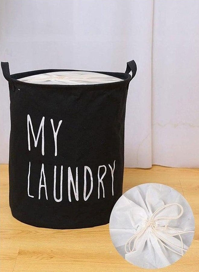 Laundry Basket with Drawstring, Black - Image 1