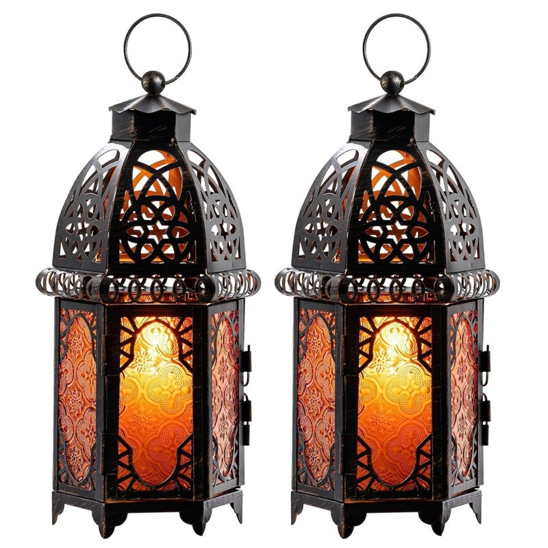 NEEDOMO Set of 2 Hanging Moroccan Lantern, 12.8'' Vintage Candle Holder, Metal Lanterns Decorative Indoor Outdoor, Table, Patio, Porch, Shelf, Ramadan Decorations (Amber) - Image 1