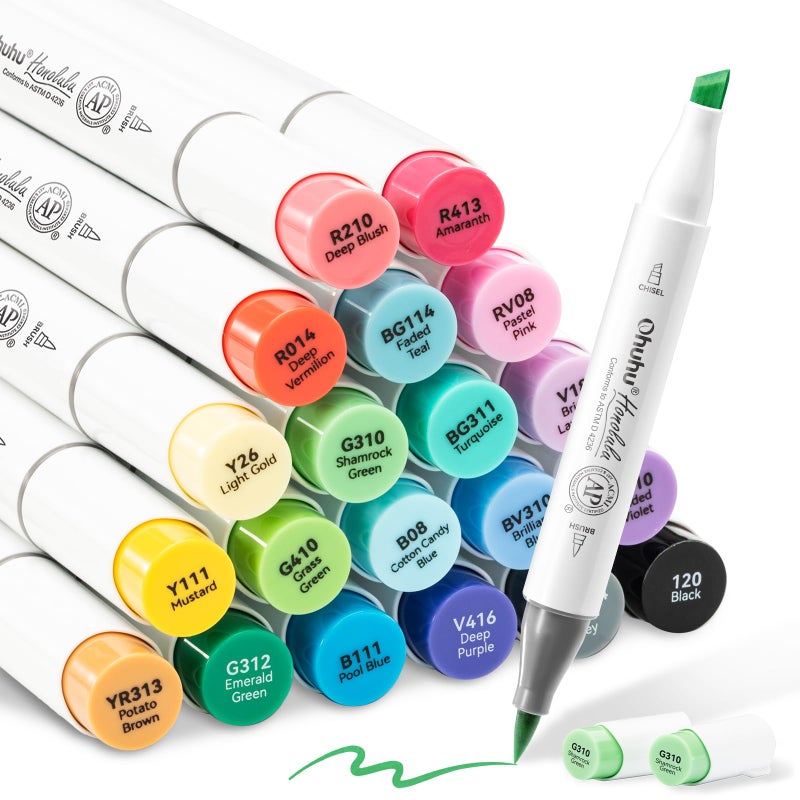 Ohuhu Alcohol Markers Brush Tip - Double Tipped Alcohol Based for Beginners Artist Sketching Adult Coloring Illustration - Brush Chisel Dual Tips - 24 Basic Colors of Ohuhu Markers Honolulu - Image 1