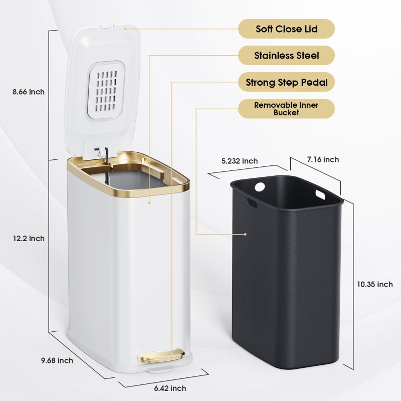 CEROELDA Small Bathroom Trash Can with Lid Soft Close-5L/1.3 Gal Stainless Steel Garbage Can-Step Pedal Wastebasket Slim Trash Bin for Office, Bedroom, Toilet, Live Room-White - Image 5