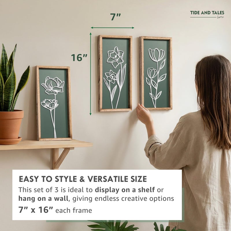 Tide and Tales 3D Floral Green Wall Art (Set of 3) Lightweight, Wooden Ready-to-Hang Boho Framed Wall Art for Bathroom, Master Bedroom, Living Room or Office - Premium Sage Green Farmhouse Decor - Gift-Boxed - Image 3