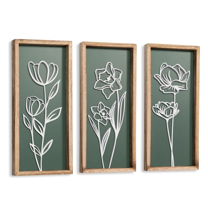 Tide and Tales 3D Floral Green Wall Art (Set of 3) Lightweight, Wooden Ready-to-Hang Boho Framed Wall Art for Bathroom, Master Bedroom, Living Room or Office - Premium Sage Green Farmhouse Decor - Gift-Boxed - Image 1