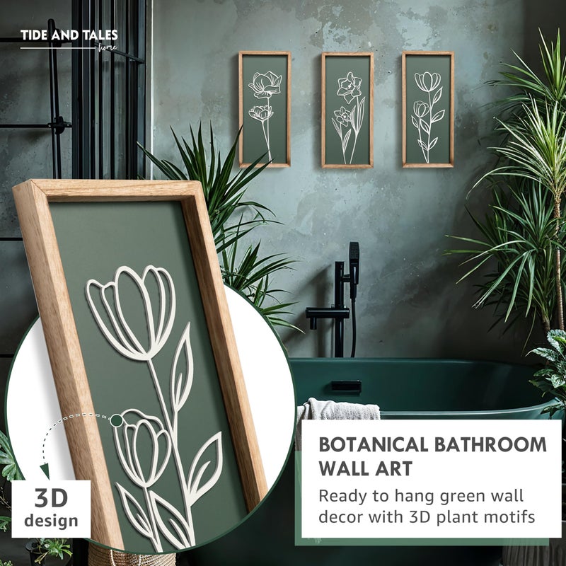 Tide and Tales 3D Floral Green Wall Art (Set of 3) Lightweight, Wooden Ready-to-Hang Boho Framed Wall Art for Bathroom, Master Bedroom, Living Room or Office - Premium Sage Green Farmhouse Decor - Gift-Boxed - Image 2