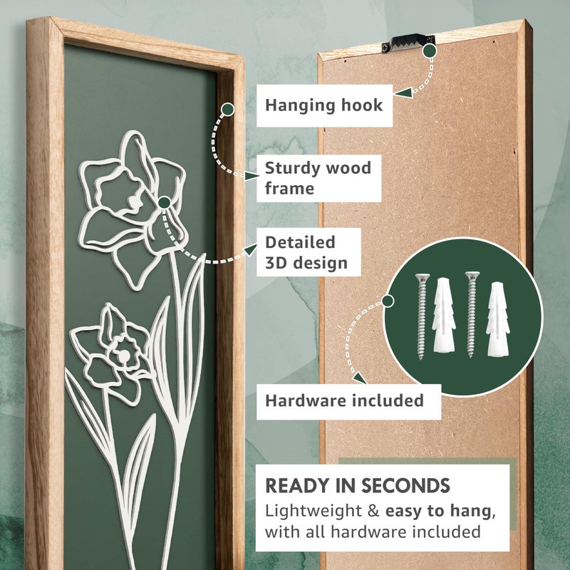 Tide and Tales 3D Floral Green Wall Art (Set of 3) Lightweight, Wooden Ready-to-Hang Boho Framed Wall Art for Bathroom, Master Bedroom, Living Room or Office - Premium Sage Green Farmhouse Decor - Gift-Boxed - Image 4
