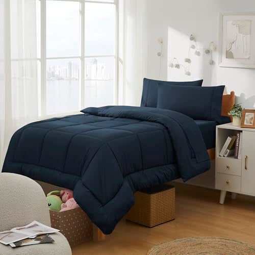 Sweet Home Collection Dorm Room Essentials College Bedding Comforter Set 5 Piece Twin Size Bed in a Bag for College Students Boys and Girls Twin Navy Blue