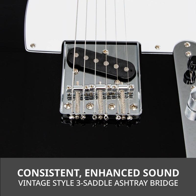 LyxPro 39â€ Electric Guitar TL Series, Full-Size Paulownia Wood Body, 3-Ply Pickguard, C-Shape Neck, Ashtray Bridge, Quality Gear Tuners, 3-Way Switch & Volume/Tone Controls, 2 Picks Included, Black - Image 3