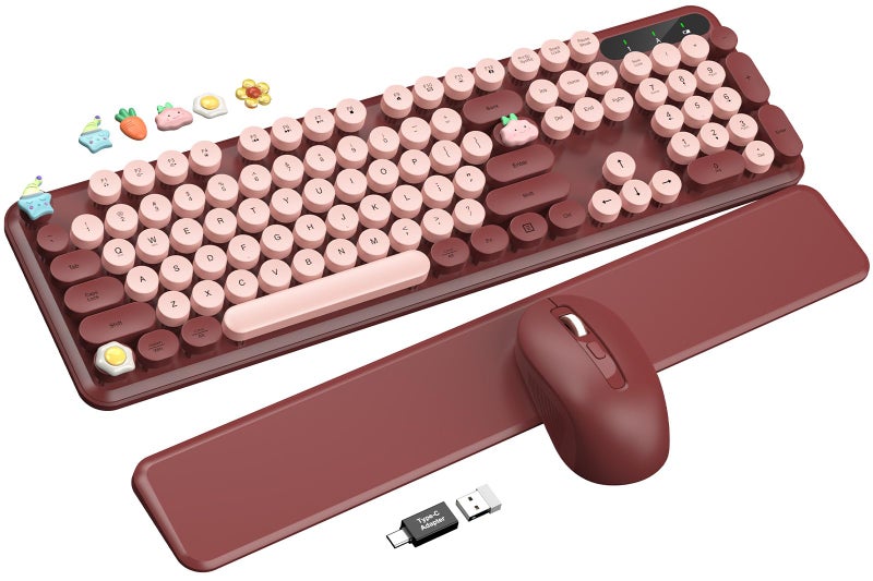 Trueque Wireless Keyboard and Mouse Combo - Cute Typewriter Keyboard with Detachable Wrist Rest, Retro Round Keycaps, Foldable Legs, 2.4GHz Full-Size Keyboard for PC, Laptop, Windows - Trueque (Wine Red) - Image 1