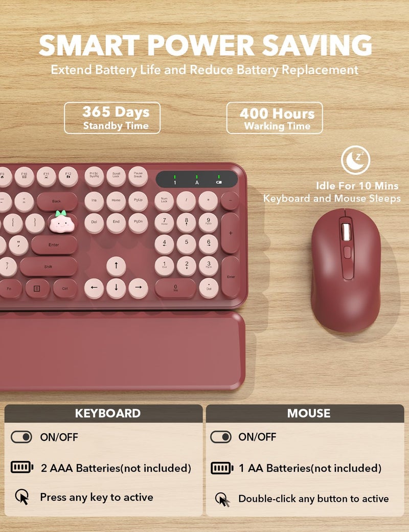 Trueque Wireless Keyboard and Mouse Combo - Cute Typewriter Keyboard with Detachable Wrist Rest, Retro Round Keycaps, Foldable Legs, 2.4GHz Full-Size Keyboard for PC, Laptop, Windows - Trueque (Wine Red) - Image 5