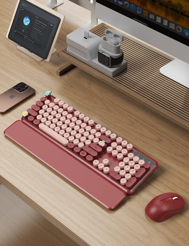 Trueque Wireless Keyboard and Mouse Combo - Cute Typewriter Keyboard with Detachable Wrist Rest, Retro Round Keycaps, Foldable Legs, 2.4GHz Full-Size Keyboard for PC, Laptop, Windows - Trueque (Wine Red) - Image 2