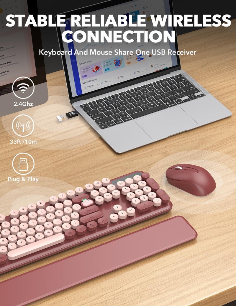 Trueque Wireless Keyboard and Mouse Combo - Cute Typewriter Keyboard with Detachable Wrist Rest, Retro Round Keycaps, Foldable Legs, 2.4GHz Full-Size Keyboard for PC, Laptop, Windows - Trueque (Wine Red) - Image 4